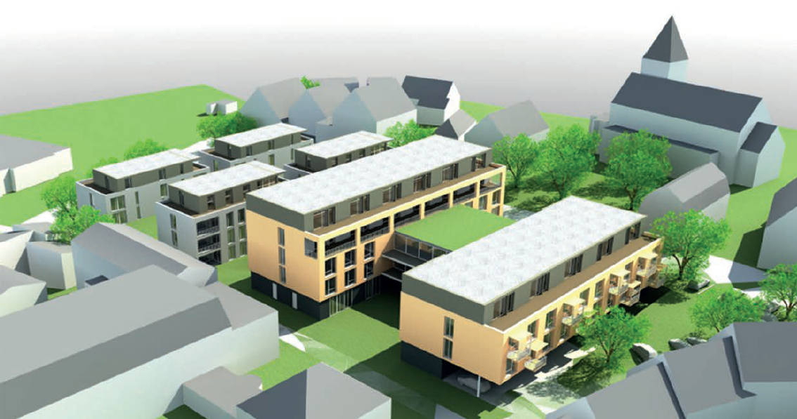 3D-Rendering eines modernen Wohngebietes mit mehreren mehrstöckigen Gebäuden und grünen Flächen, umgeben von traditionellen Häusern und einer Kirche im Hintergrund